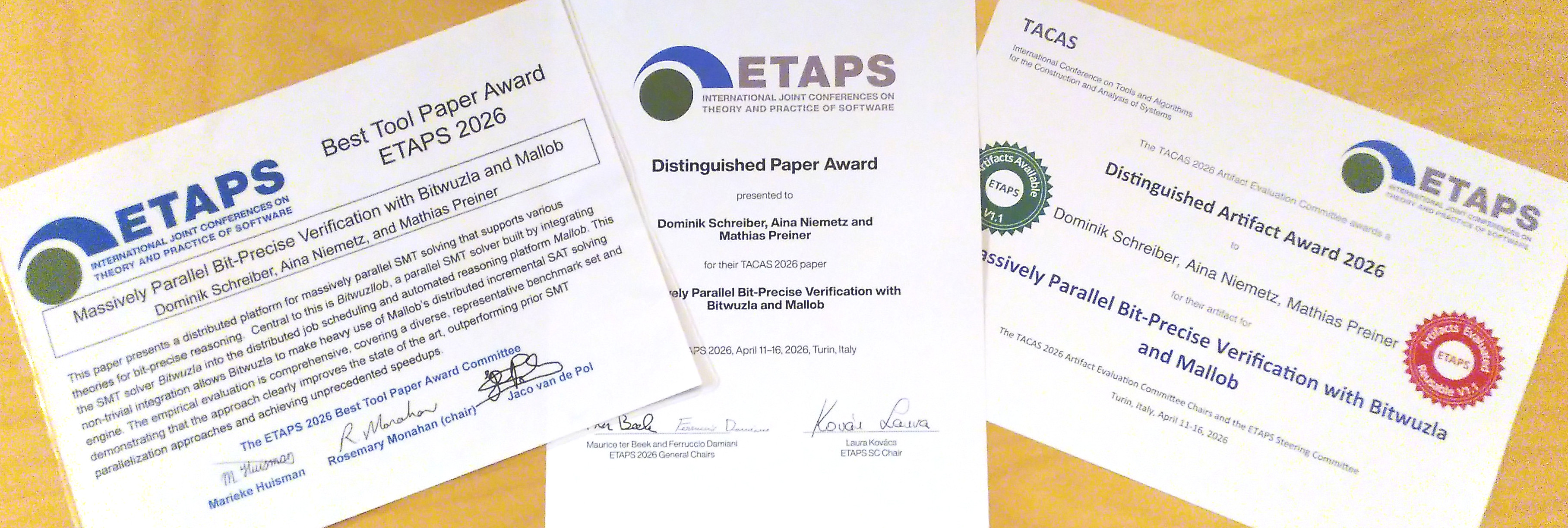 Three ETAPS 2026 Award certificates: